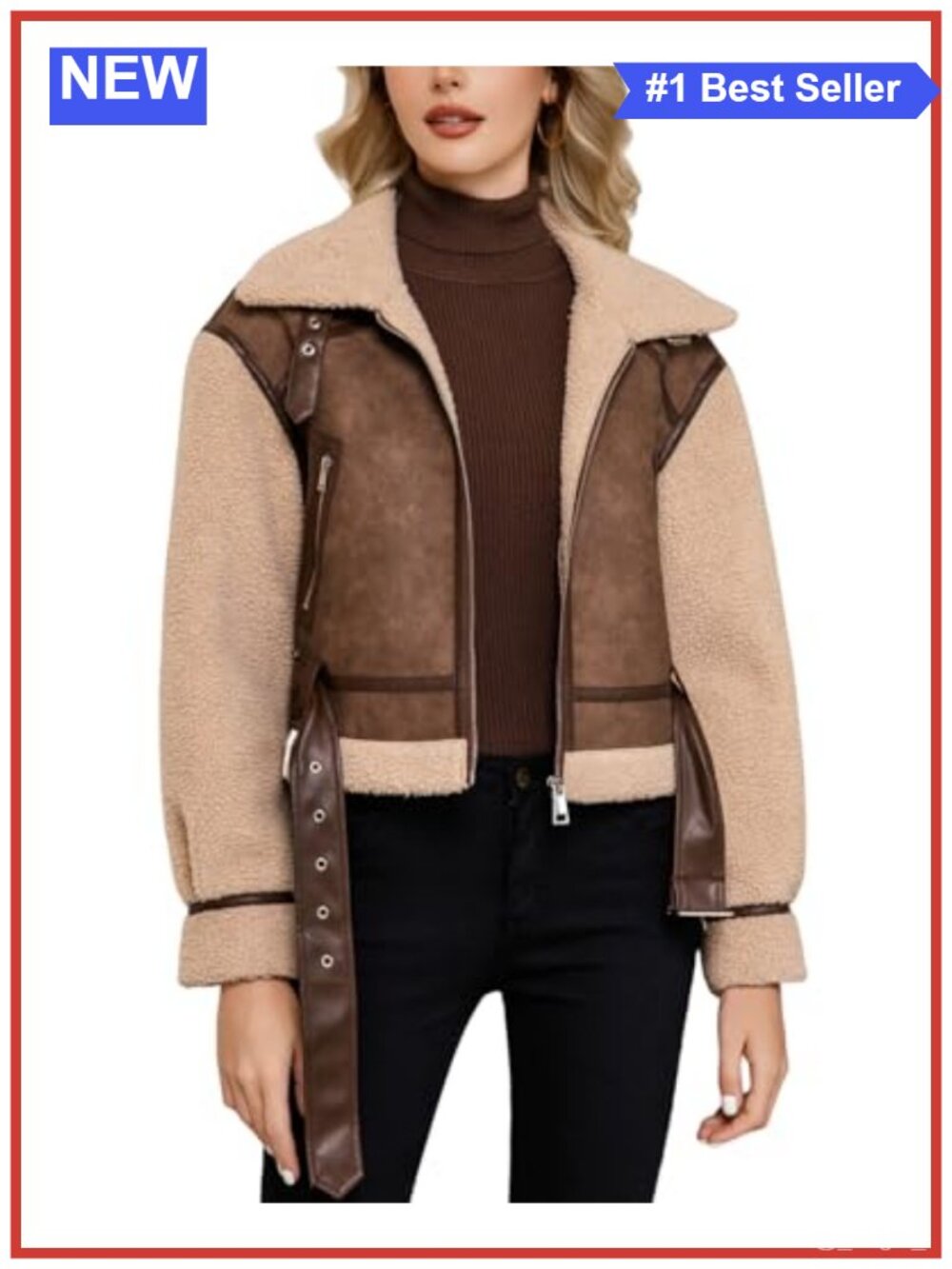 Faux Leather Jacket Faux Fur Sherpa Lined Aviator Coat Belted Zip
